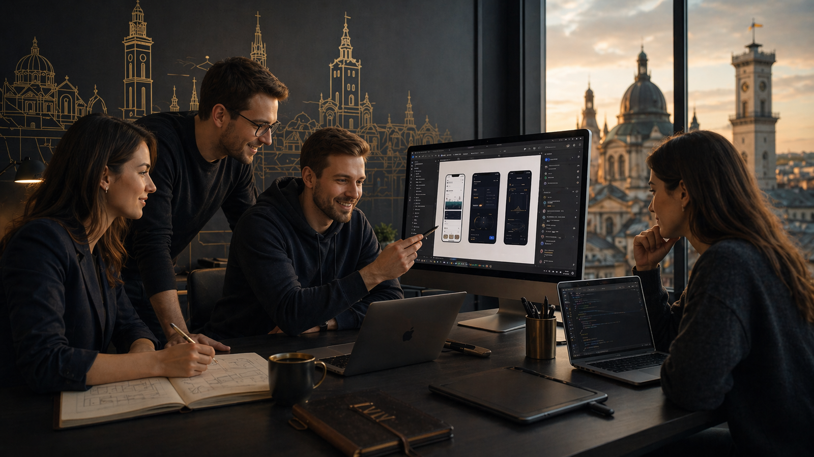 Four team members working at a long dark table in the Lviv studio.